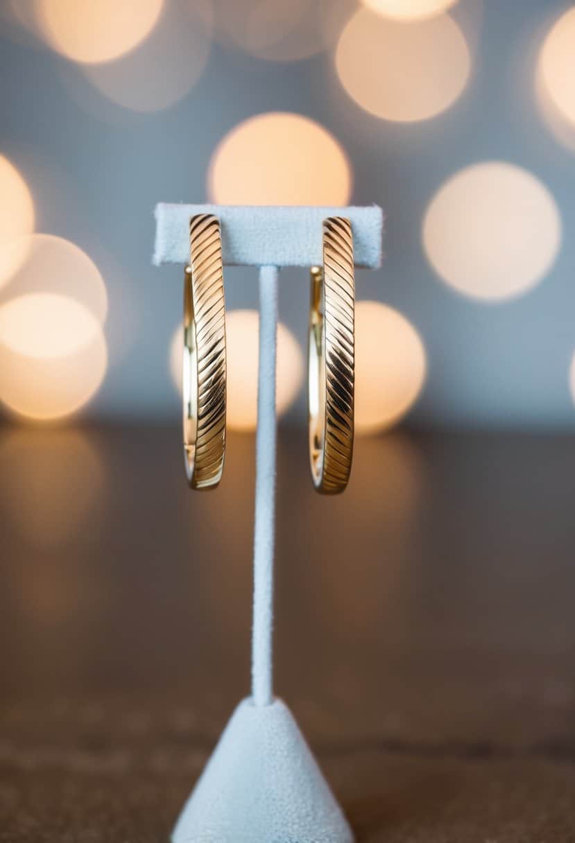 A pair of gold-plated herringbone stack earrings displayed on a velvet jewelry stand