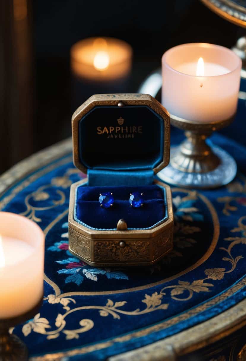 A pair of sapphire studs glint in the soft candlelight, nestled in an antique velvet jewelry box atop an ornate dressing table