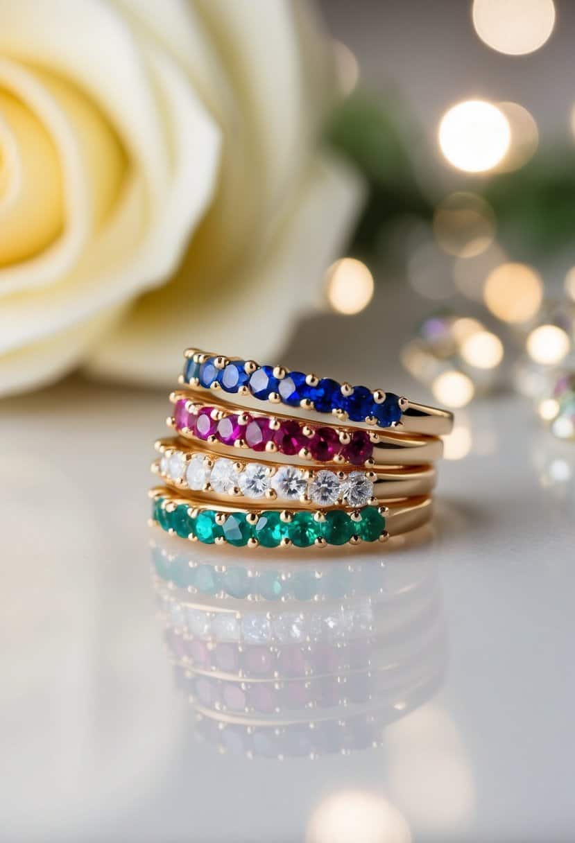 A pair of rainbow gemstone studs arranged in a stack, with a soft, romantic background setting for a wedding