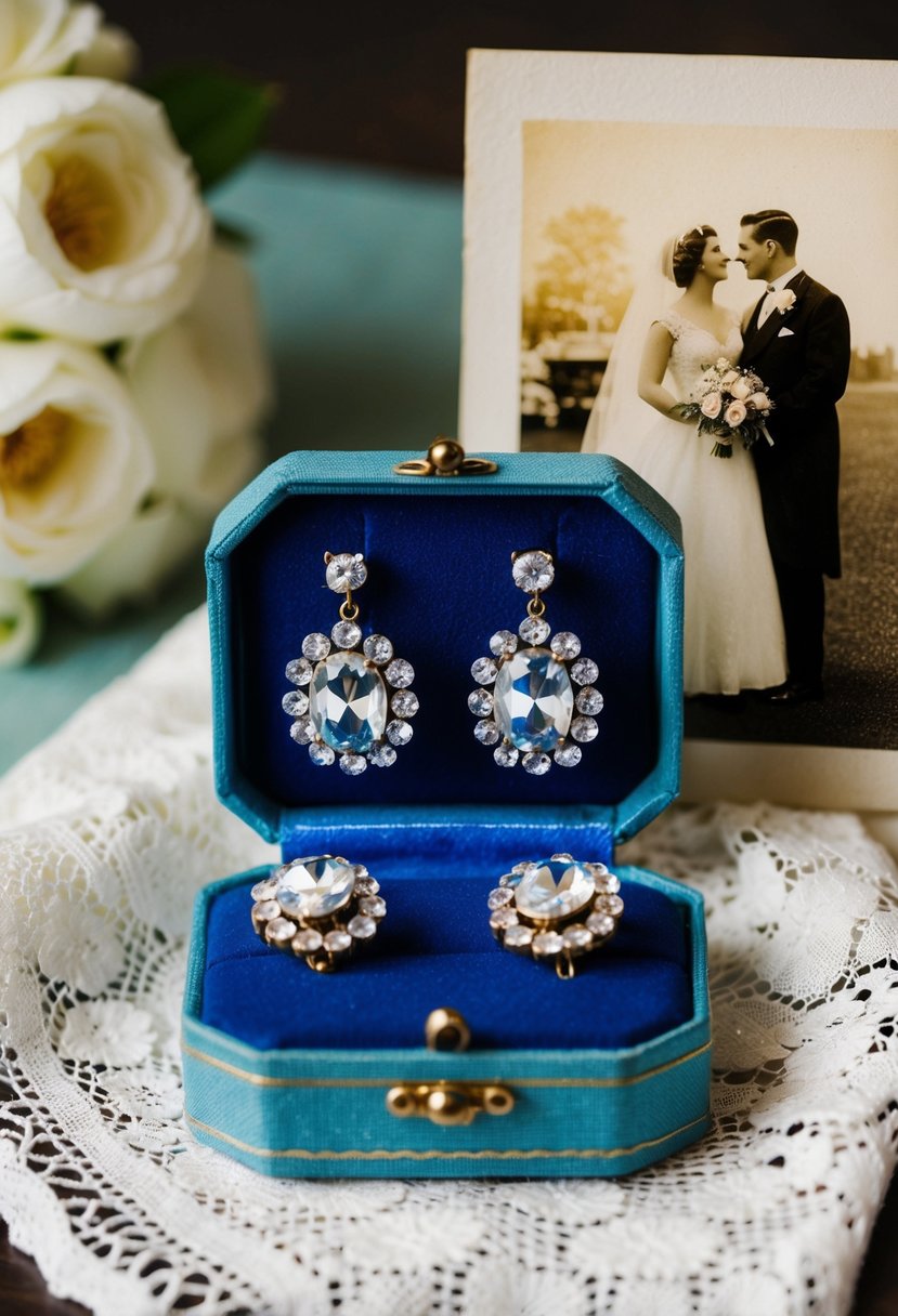 A vintage-inspired jewelry box with crystal clip-on earrings, set against a lace handkerchief and a faded photograph of a 1930s wedding