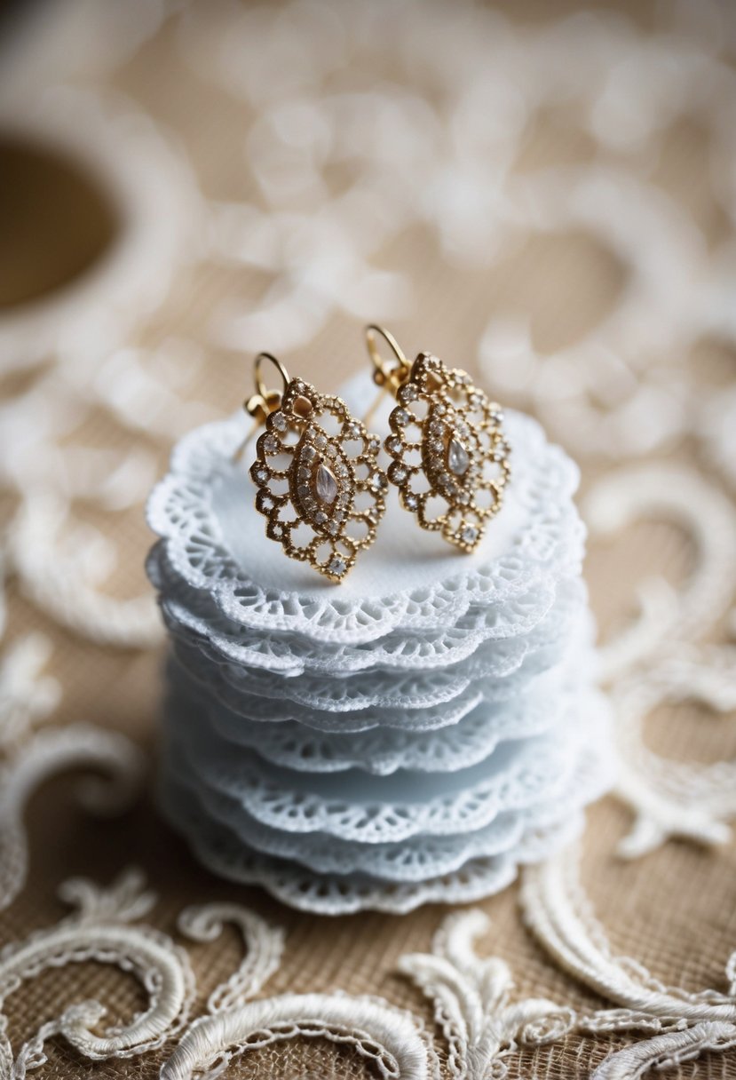 Delicate lace earrings arranged in a stack, surrounded by intricate patterns and elegant details