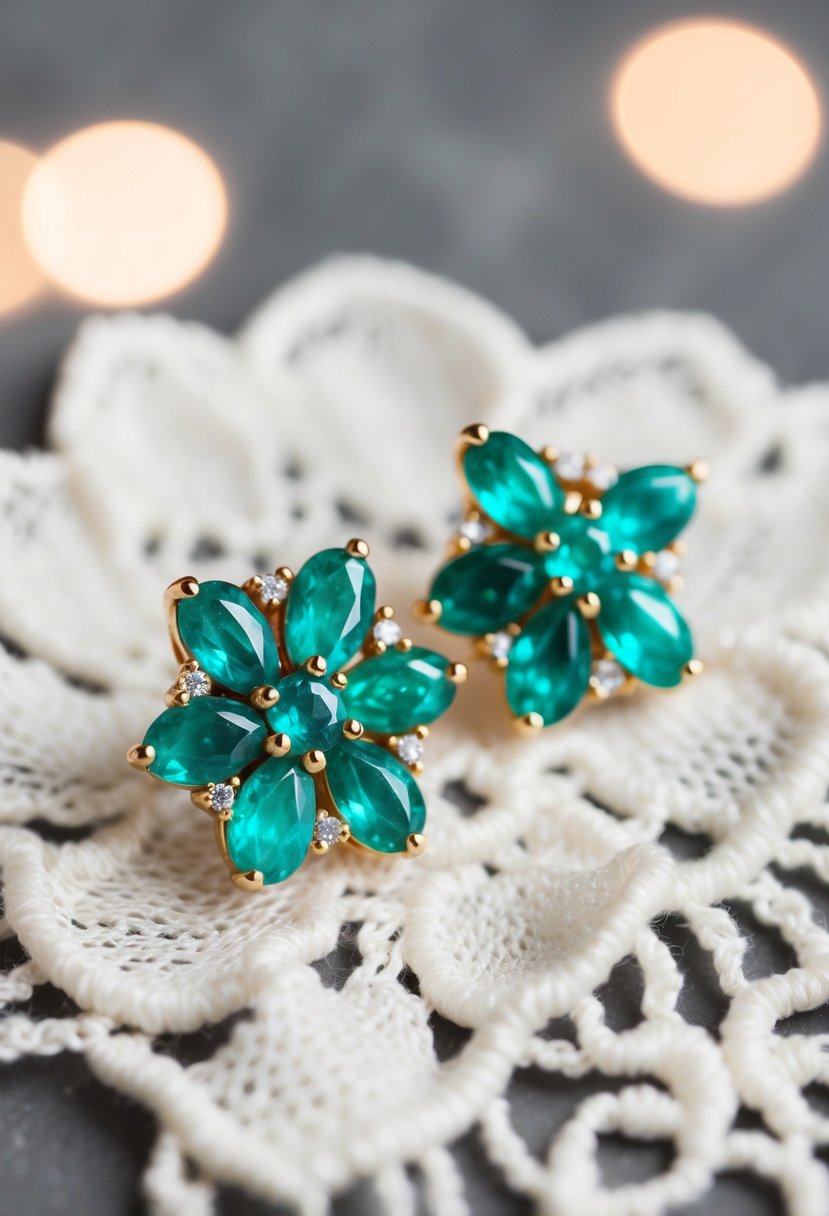 A close-up of elegant emerald cluster earrings on a lace background with soft lighting