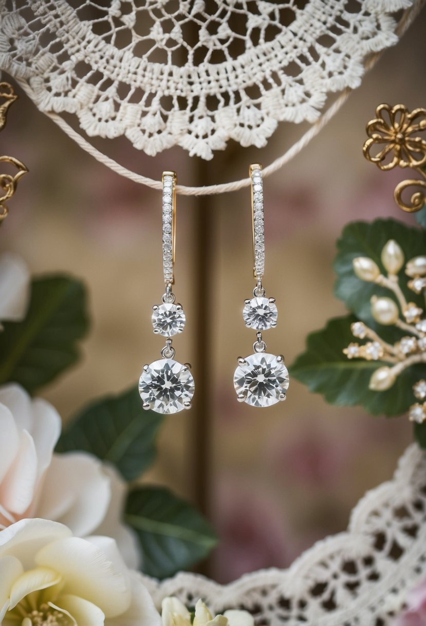 A pair of shimmering diamond dangler earrings suspended from a vintage-inspired display, surrounded by delicate lace and antique floral motifs