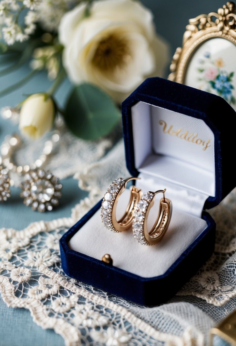 A pair of sparkling rhinestone hoop earrings dangle from a velvet jewelry box, surrounded by delicate lace and vintage wedding memorabilia