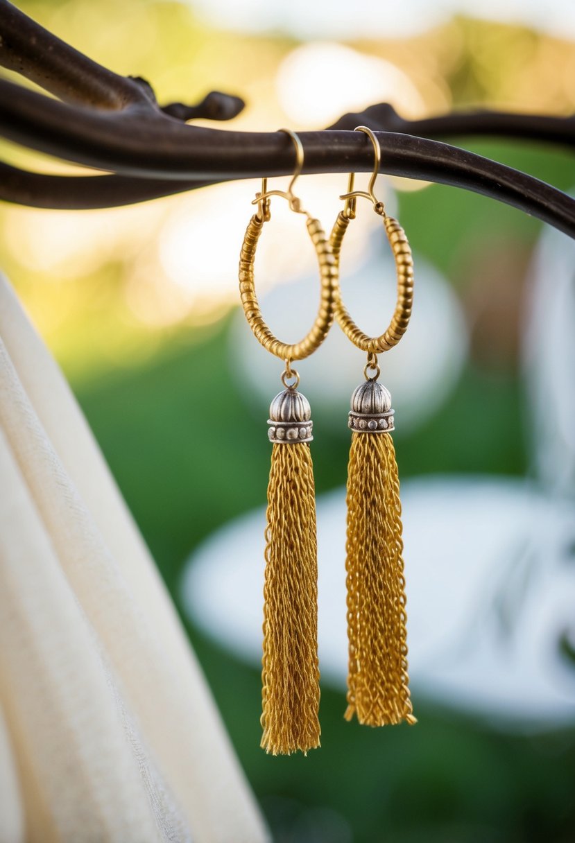 A pair of vintage wedding earrings with harvest gold tassels hanging from delicate hoops, catching the light in a romantic setting