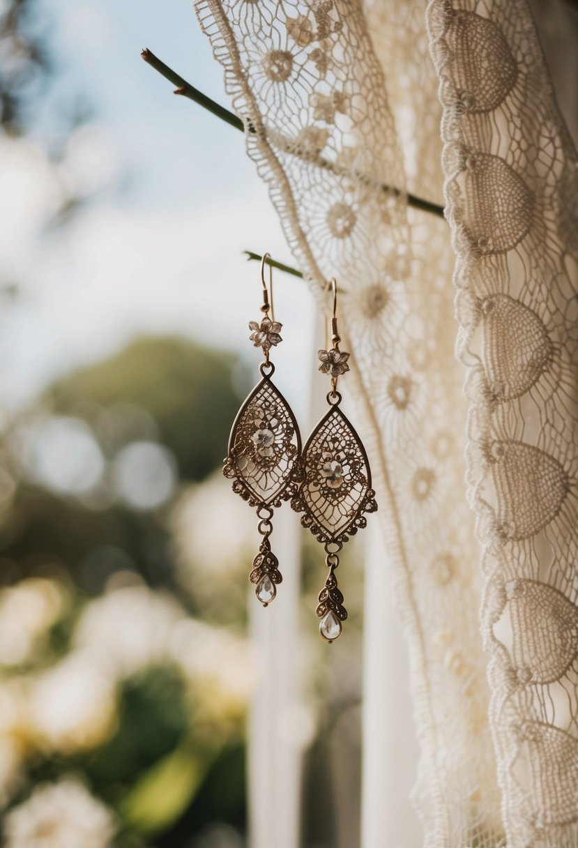 Delicate lace pattern draped over vintage-inspired wedding earrings