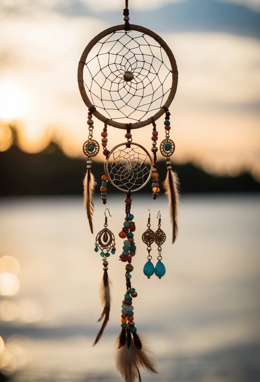 A bohemian dreamcatcher hangs above a collection of vintage wedding earrings