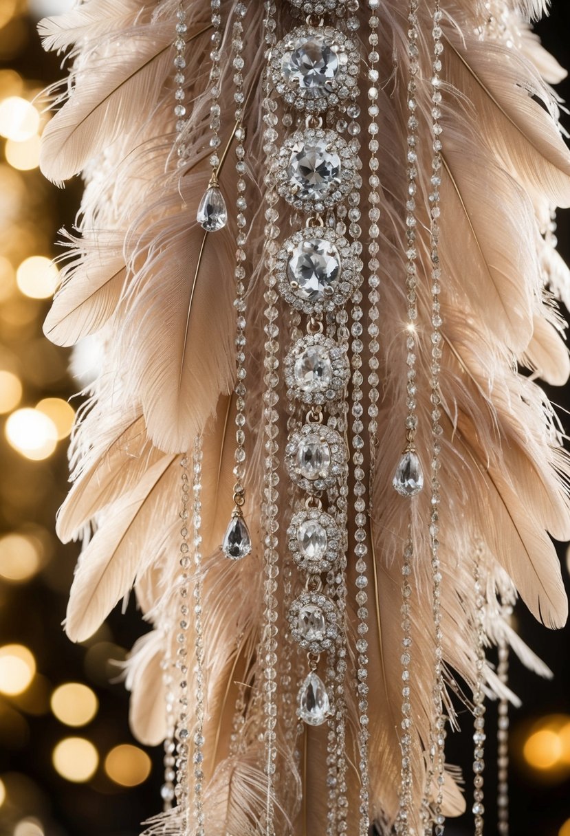 Opulent, cascading feathers adorned with sparkling jewels, reminiscent of the glamour and opulence of the 1920s Gatsby era