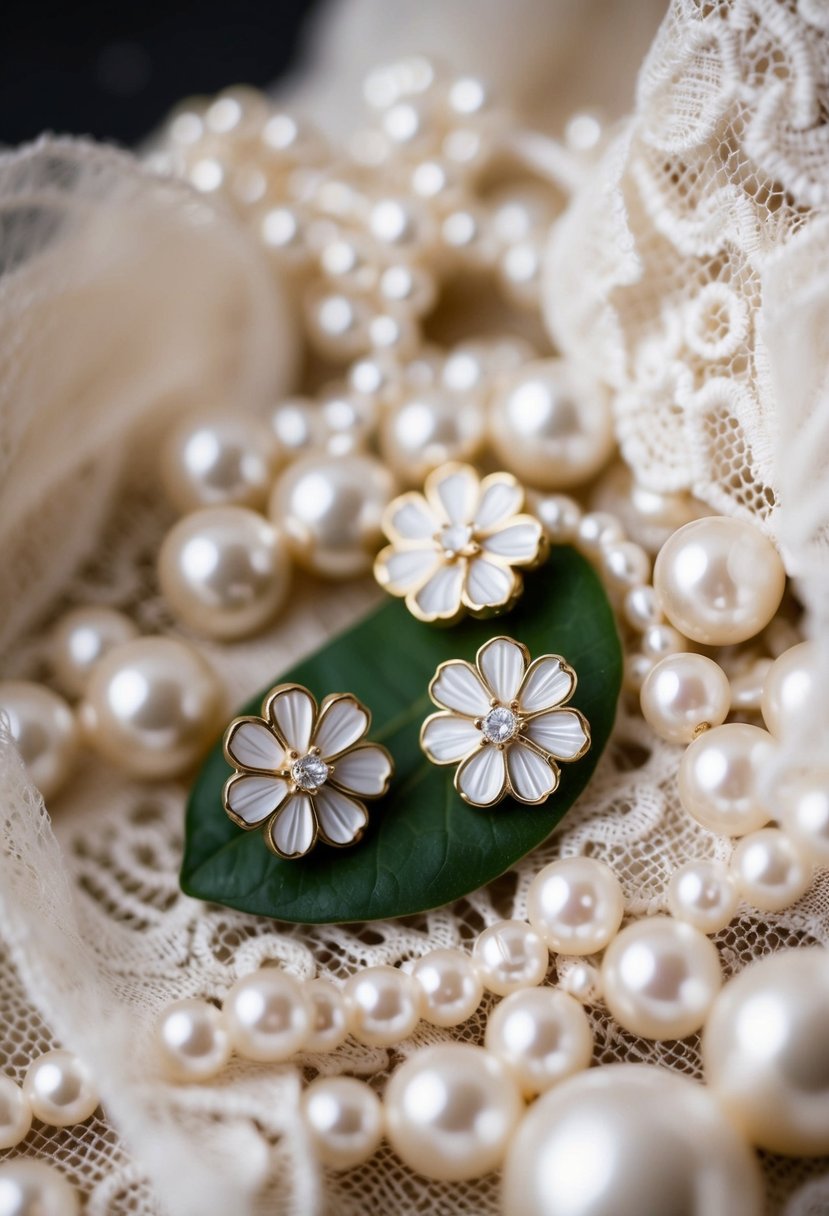 A close-up of delicate enamel floral studs nestled among lace and pearls, evoking vintage wedding elegance