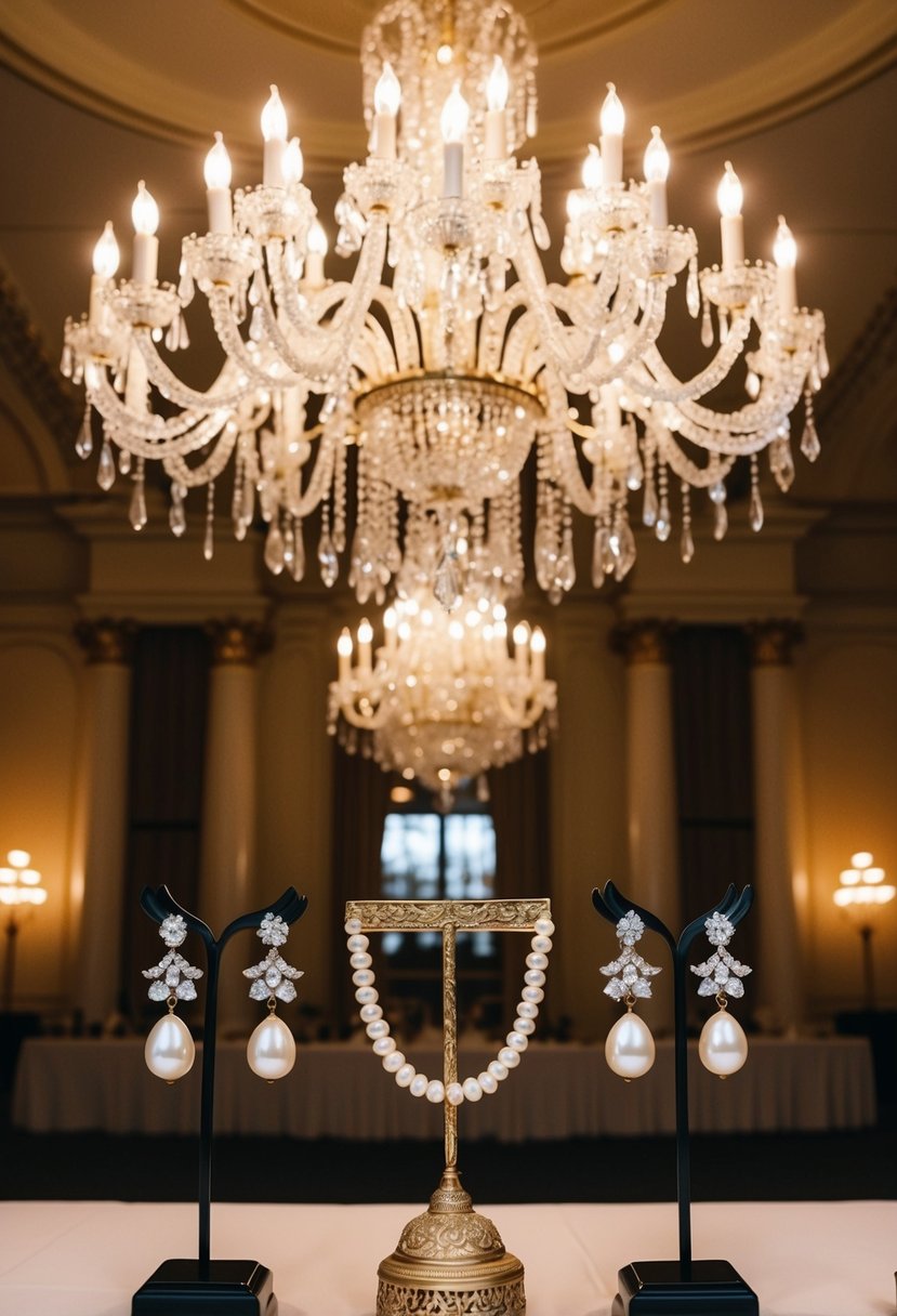 A grand ballroom with ornate chandeliers casting a warm glow on a vintage wedding display of baroque pearl earrings