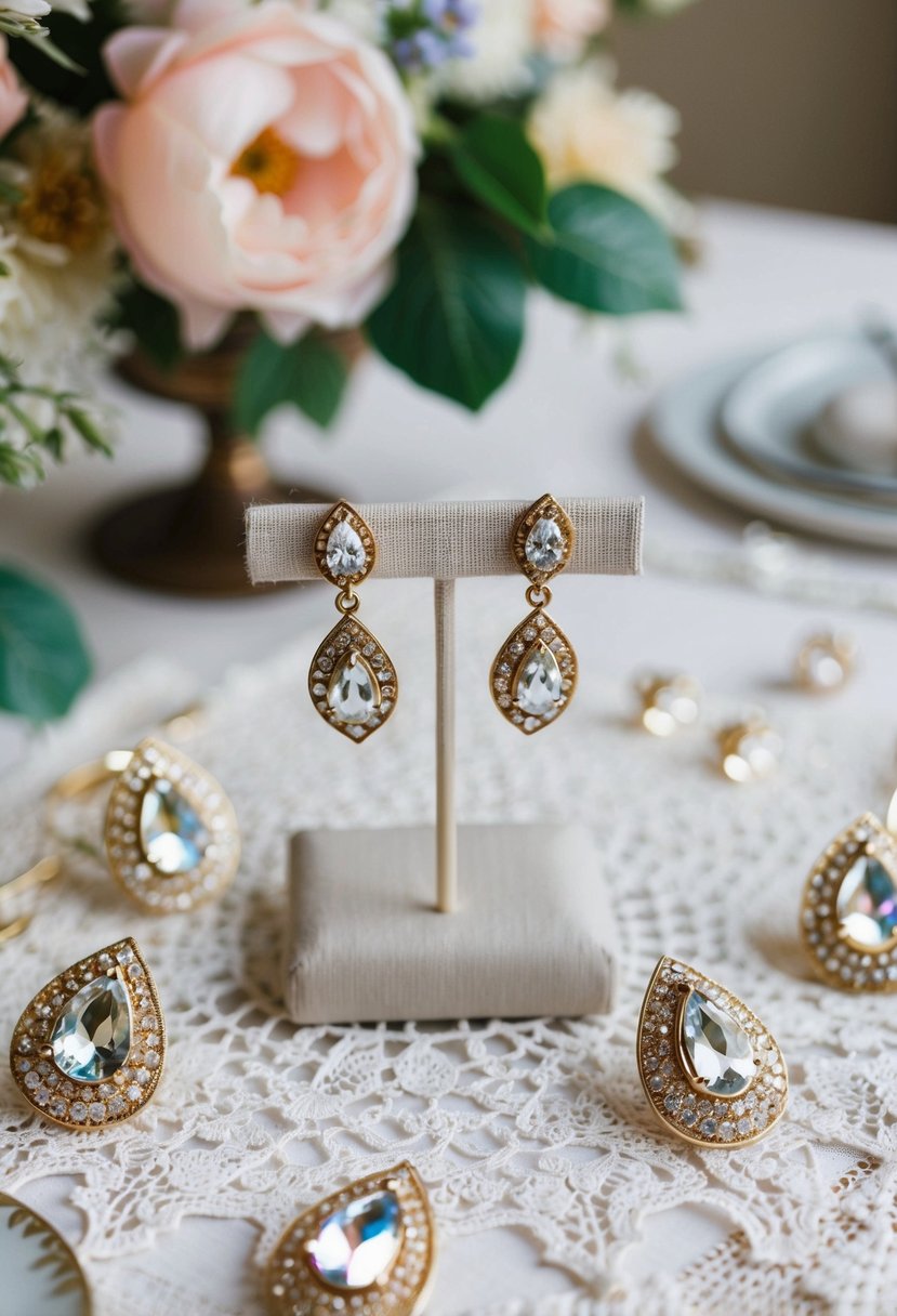 A beautiful vintage-inspired table display with Swarovski Marquise Teardrop earrings, surrounded by lace and delicate floral accents