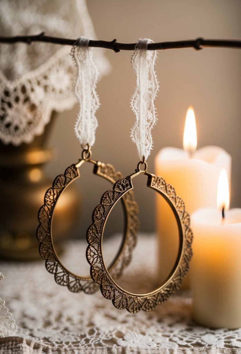 A pair of antique filigree hoops suspended from a delicate lace ribbon, surrounded by soft candlelight and vintage lace