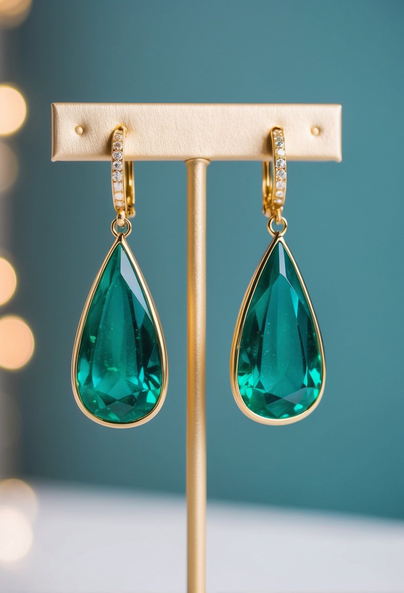 A pair of emerald teardrop dangle earrings hanging from a display stand, with soft lighting to highlight their green sparkle