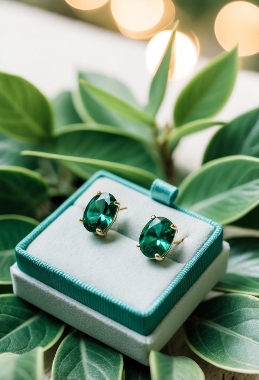 A pair of delicate green crystal stud earrings displayed on a velvet cushion, surrounded by lush foliage and soft natural light