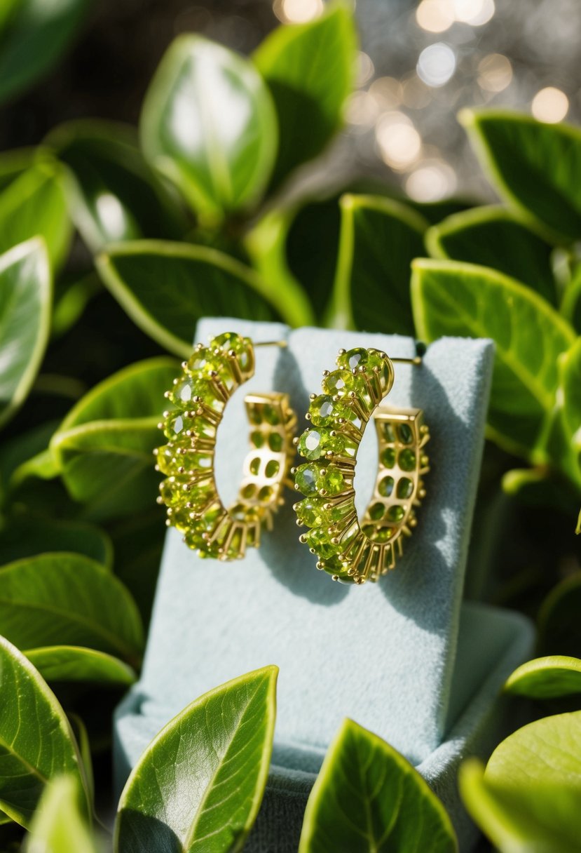 A pair of peridot cluster hoop earrings displayed on a velvet cushion, surrounded by lush green foliage and sparkling in the soft sunlight