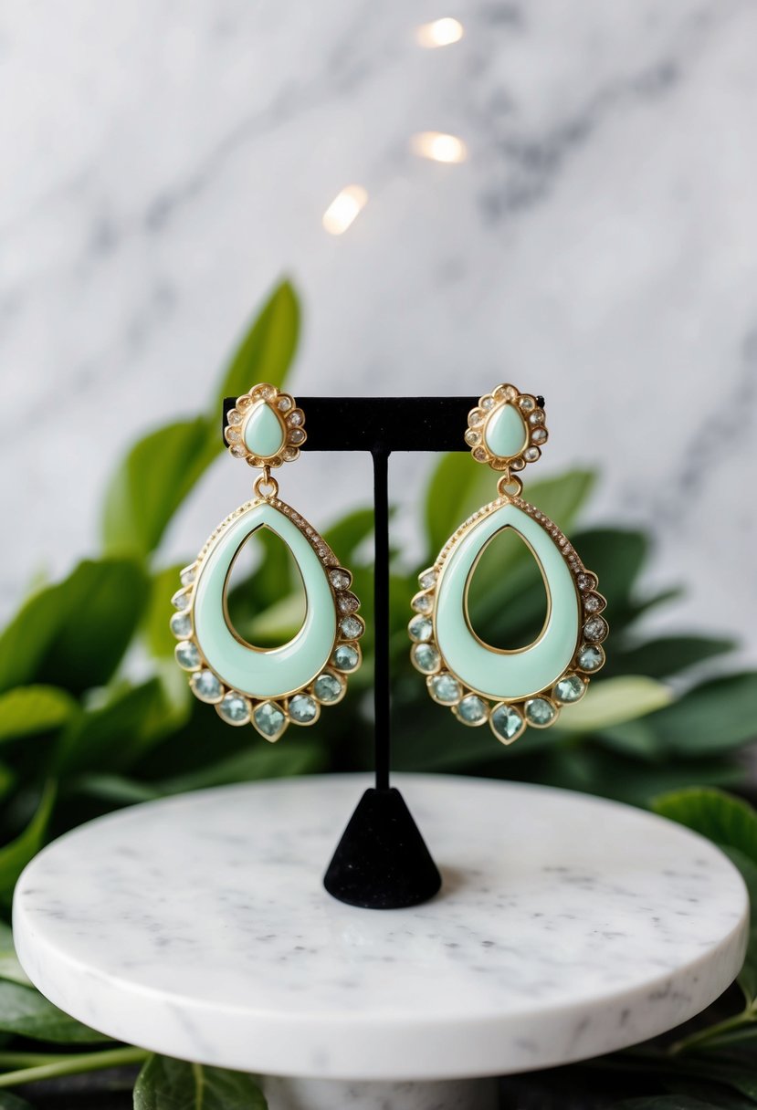 A pair of mint enamel creole earrings displayed on a white marble surface with green foliage in the background