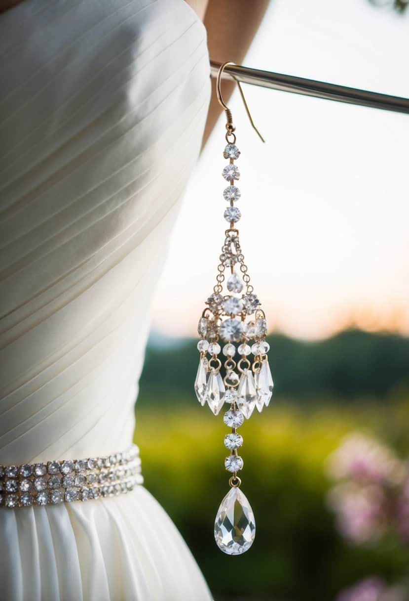 A sparkling crystal chandelier earring dangles against a backdrop of a strapless wedding dress