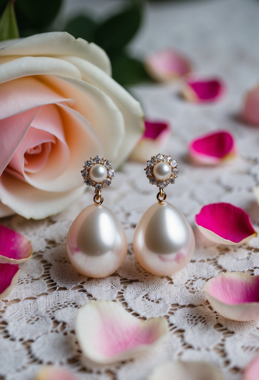 A delicate pair of pearl drop studs, surrounded by scattered rose petals on a lace tablecloth