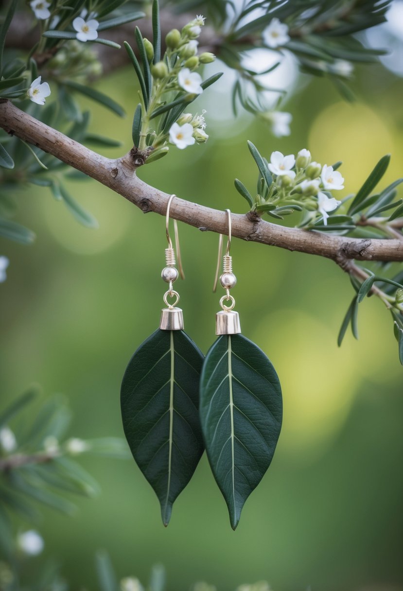 A pair of olive leaf cuffs dangle from a tree branch, surrounded by delicate greenery and small white flowers