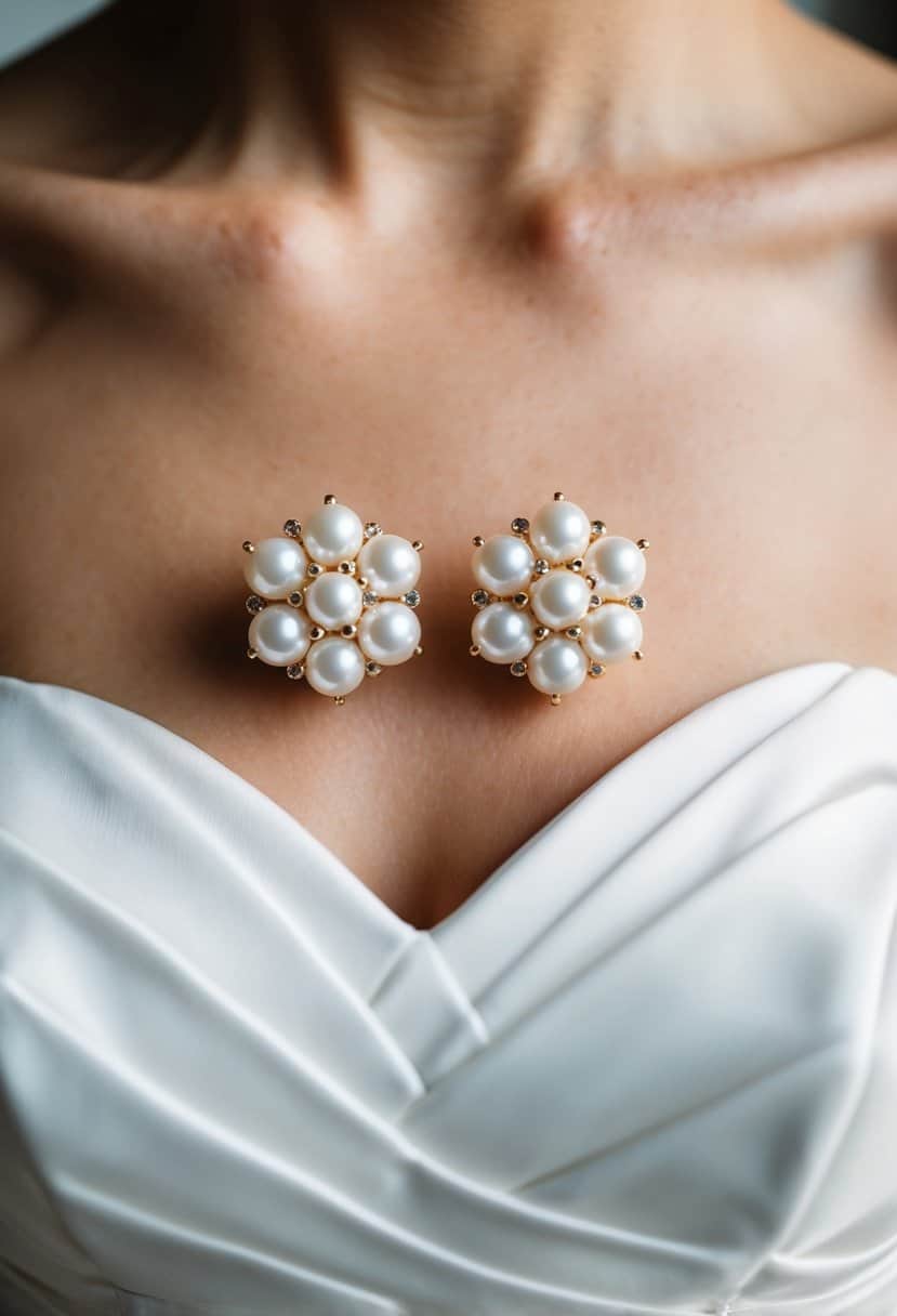 A close-up of pearl cluster studs against a backdrop of a strapless wedding dress