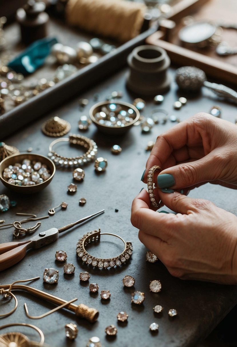 A table scattered with vintage rhinestones, wire, and jewelry tools. Two delicate hoop earrings take shape in the artisan's skilled hands