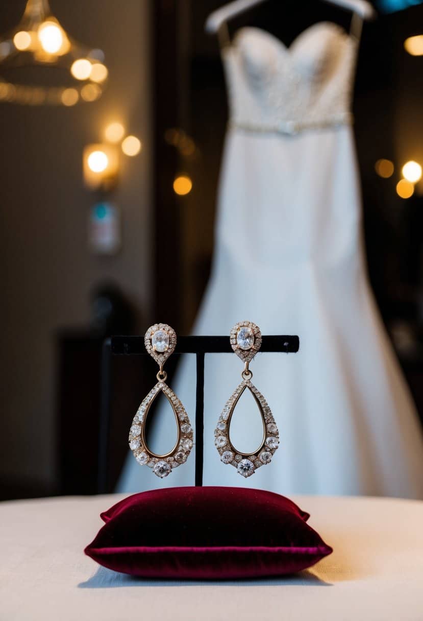 A pair of vintage drop earrings displayed on a velvet cushion, with a strapless wedding dress in the background