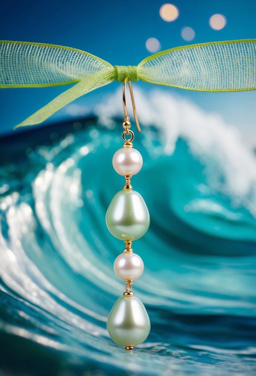 Seafoam pearl drop earrings hanging from a delicate green ribbon against a backdrop of swirling ocean waves