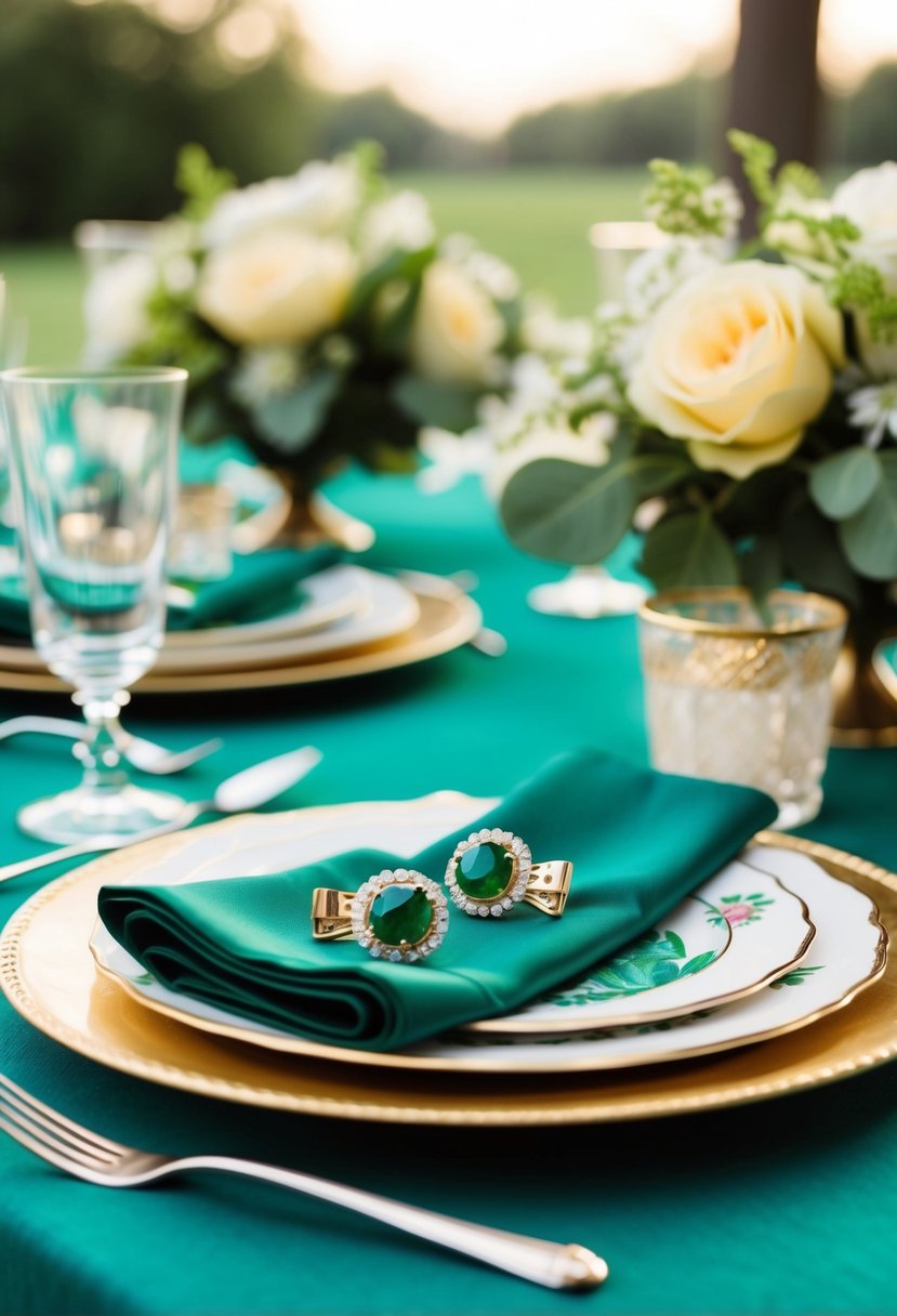 A vintage-inspired table set with green wedding earrings and clips