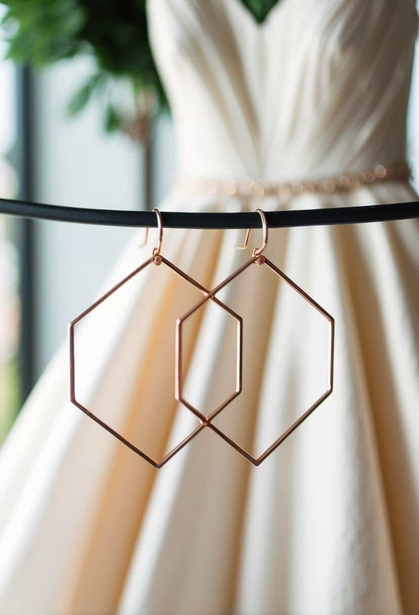 A pair of rose gold geometric hoop earrings displayed against a backdrop of a flowing strapless wedding dress