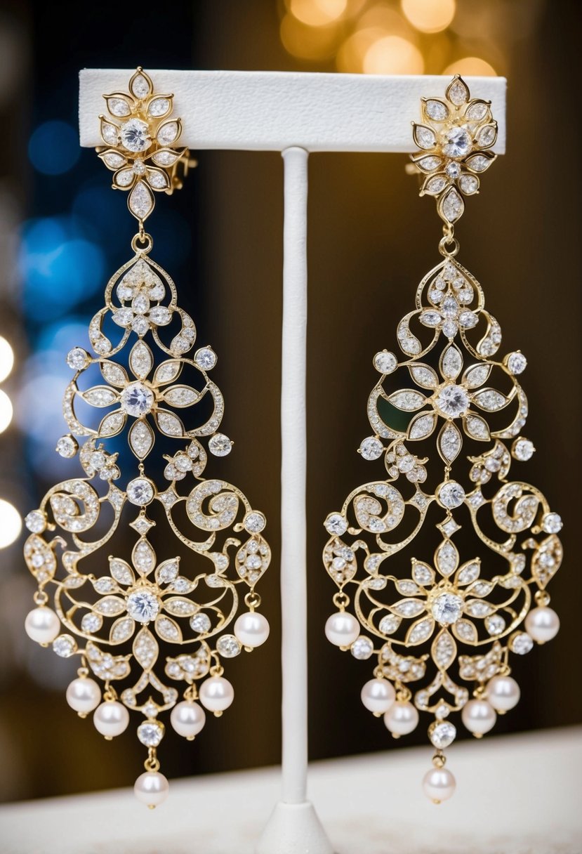 A pair of intricate floral filigree chandelier earrings, delicately crafted with sparkling gemstones and pearls, hanging from a display stand