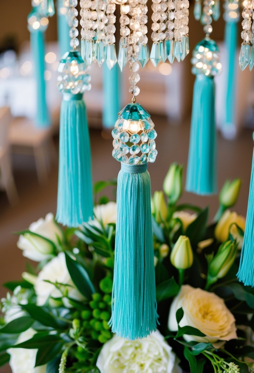 Aquamarine tassel chandeliers dangle from a lush green wedding bouquet, catching the light and adding a touch of elegance to the scene