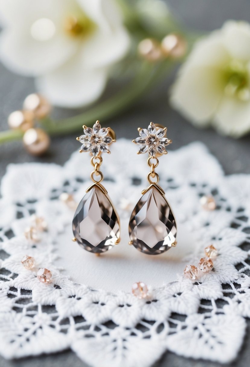 A delicate handcrafted pair of crystal teardrop earrings displayed on a white lace background, surrounded by tiny sparkling beads and delicate floral accents