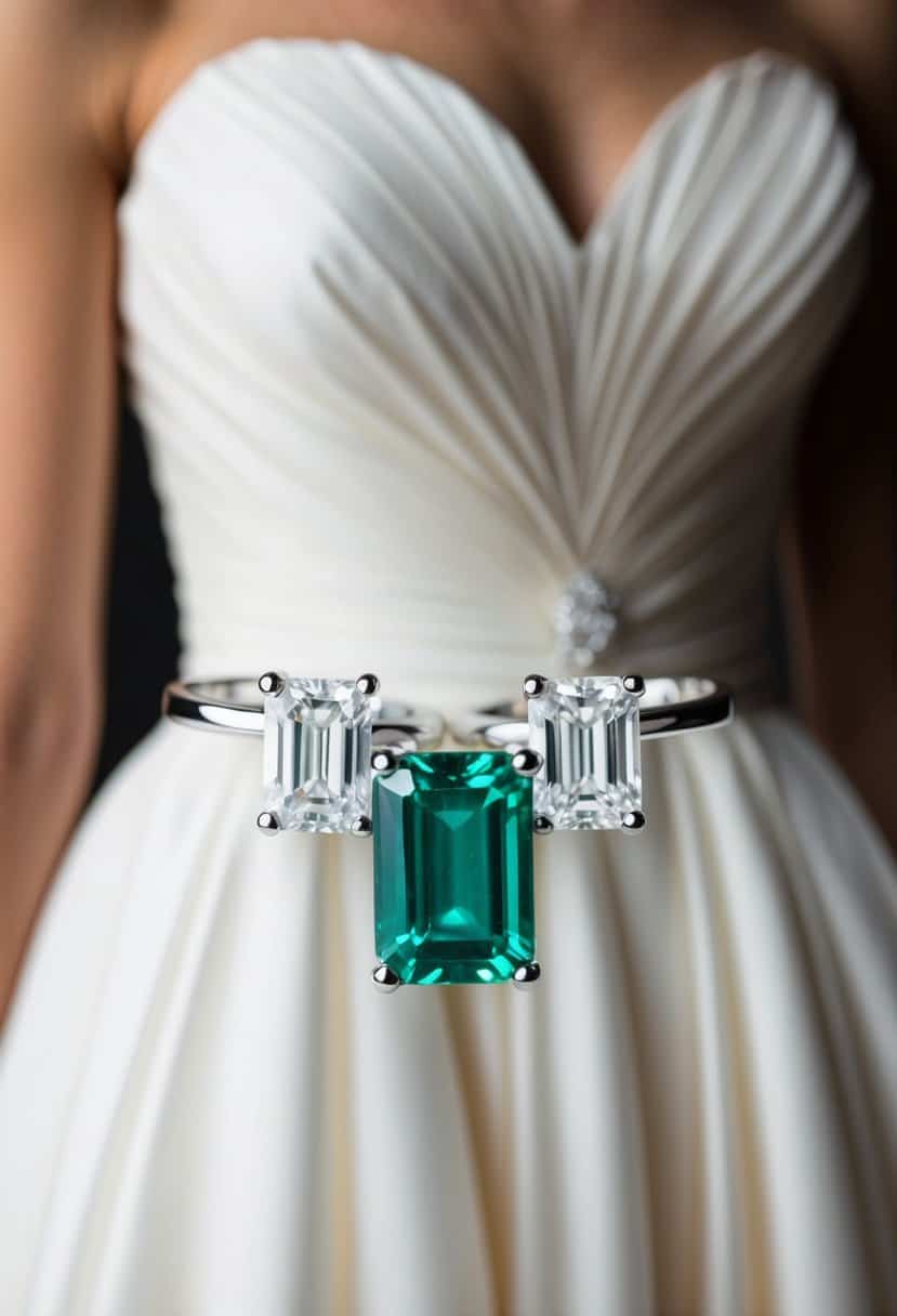 A close-up of elegant emerald cut solitaire earrings against a backdrop of a flowing strapless wedding dress