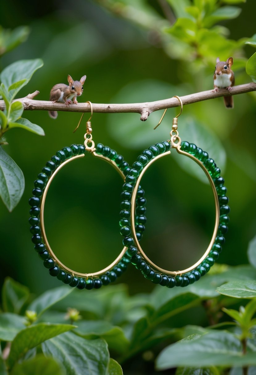 A pair of intricate forest green bead hoops dangle from a delicate branch, surrounded by lush foliage and tiny woodland creatures