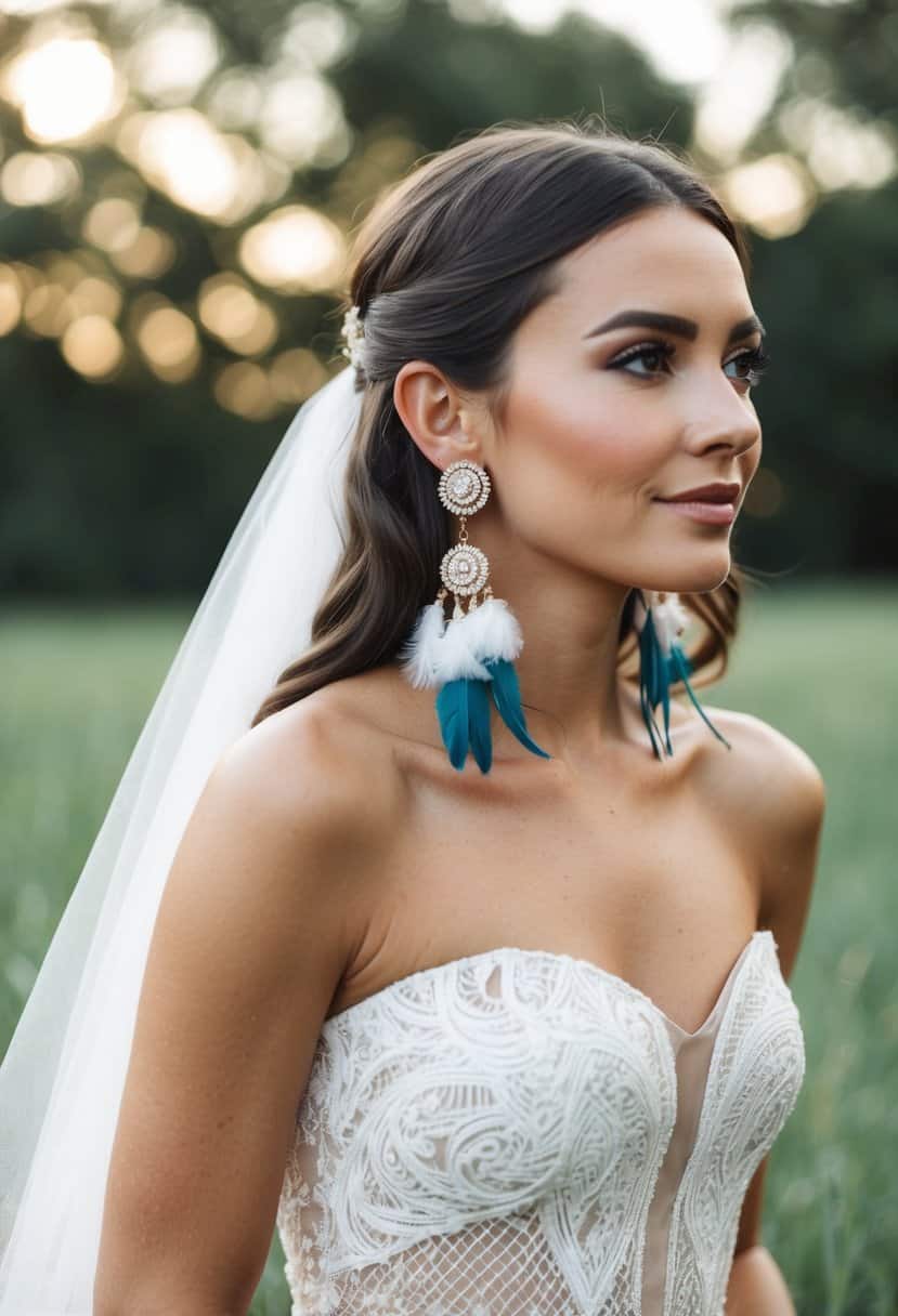 A bohemian-inspired wedding earring design featuring tassels and feathers, paired with a strapless dress