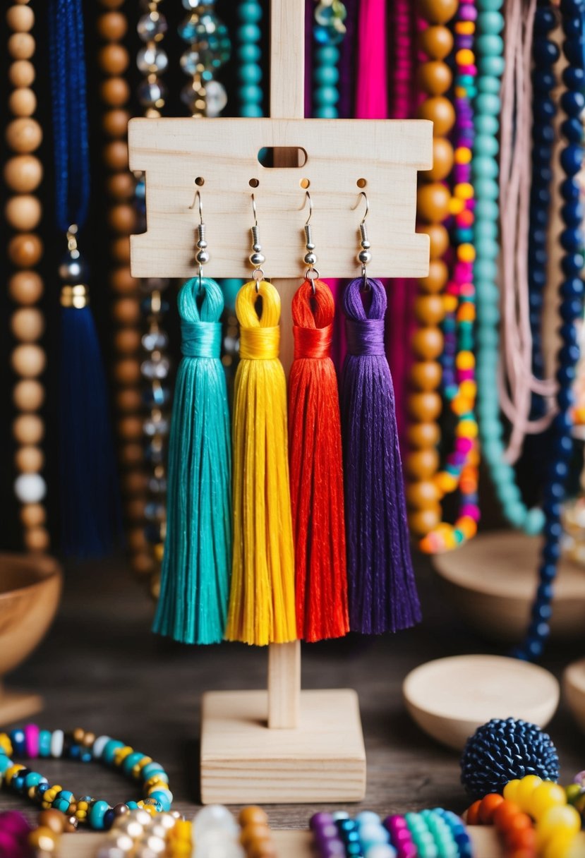 Colorful tassel earrings hanging from a wooden display, surrounded by various beads and threads