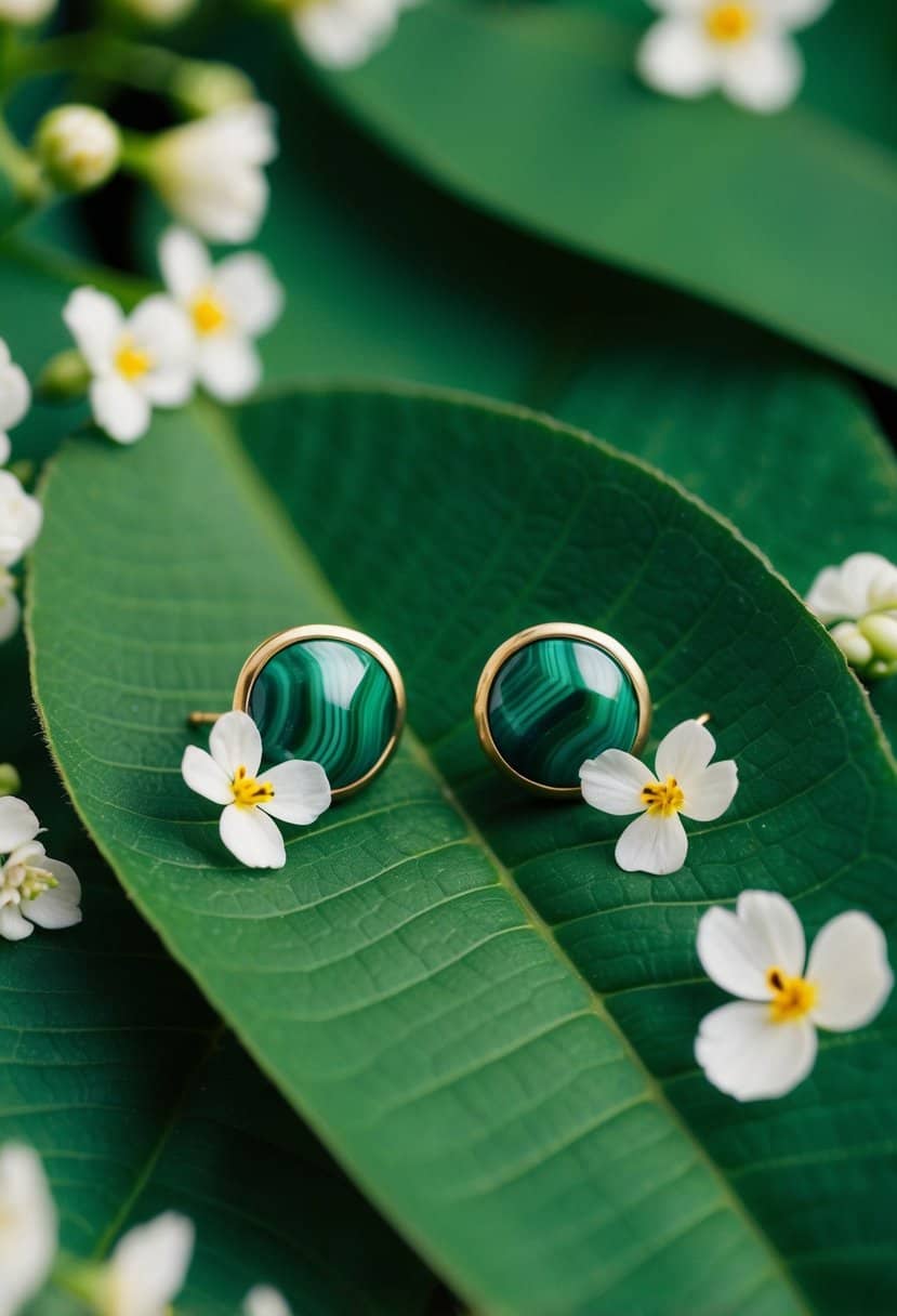 A pair of malachite stud earrings placed on a bed of green leaves and surrounded by delicate white flowers