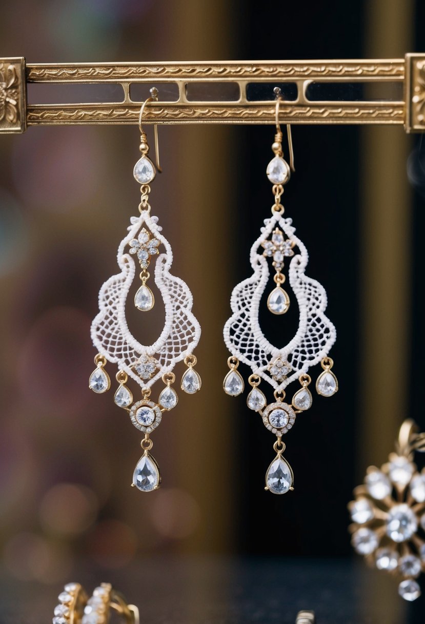 A delicate pair of Victorian lace dangle earrings, adorned with intricate details and shimmering gemstones, hanging from a vintage jewelry display