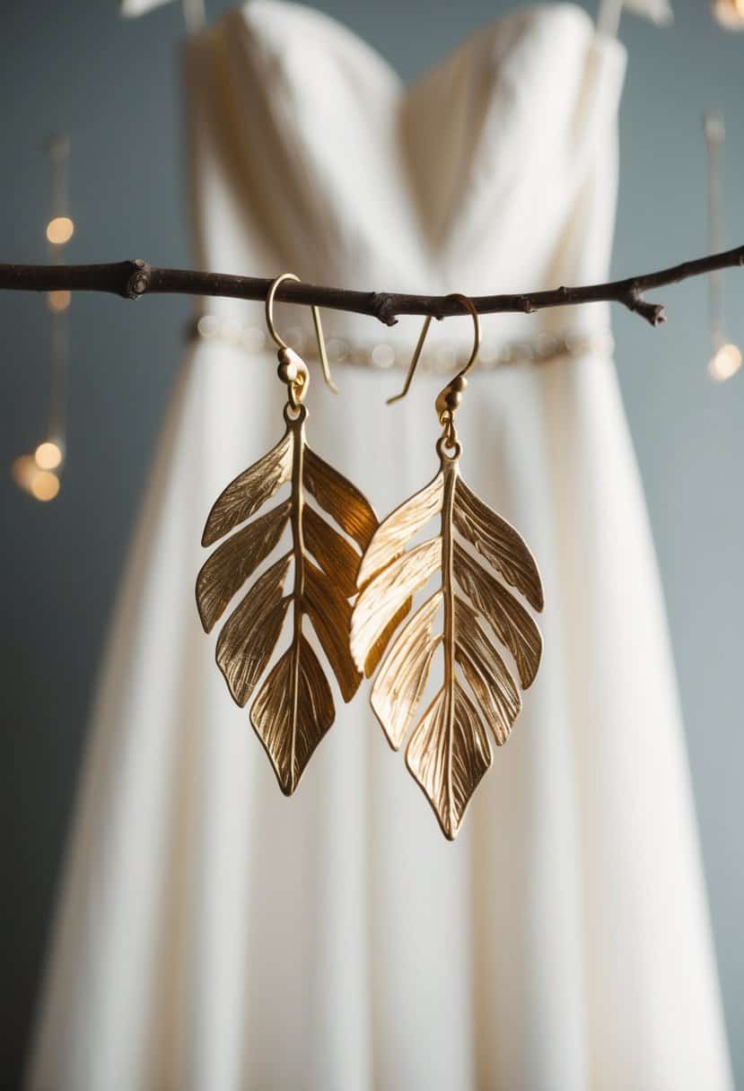 Golden leaf-shaped earrings dangle from a delicate branch, catching the light against a backdrop of a flowing strapless wedding dress