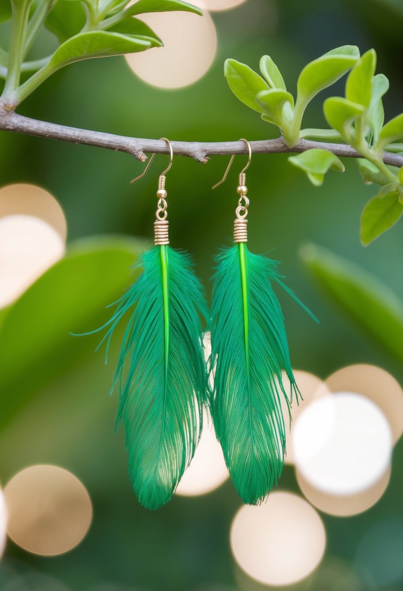 A pair of chartreuse feather threader earrings dangle from a delicate branch, surrounded by lush green foliage and a soft, dreamy light