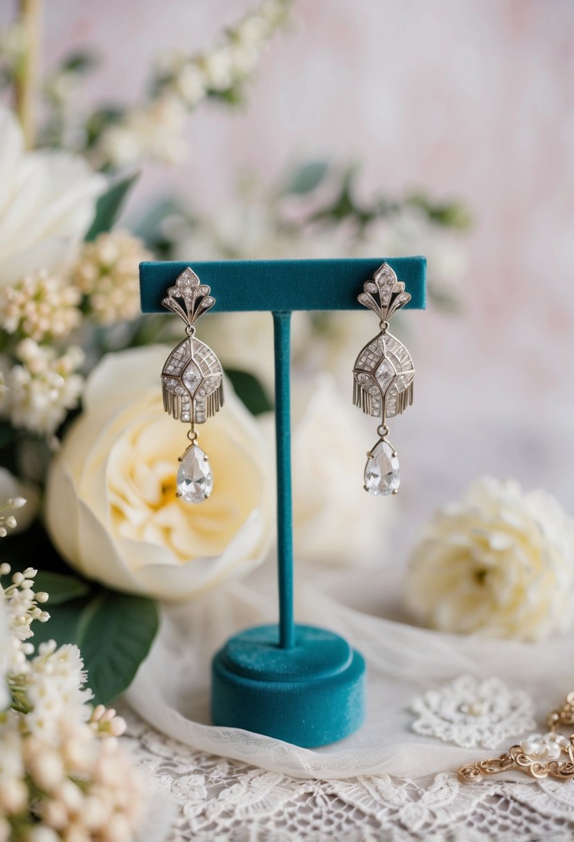 A pair of elegant Art Deco-inspired wedding earrings displayed on a velvet jewelry stand, surrounded by vintage lace and delicate floral accents