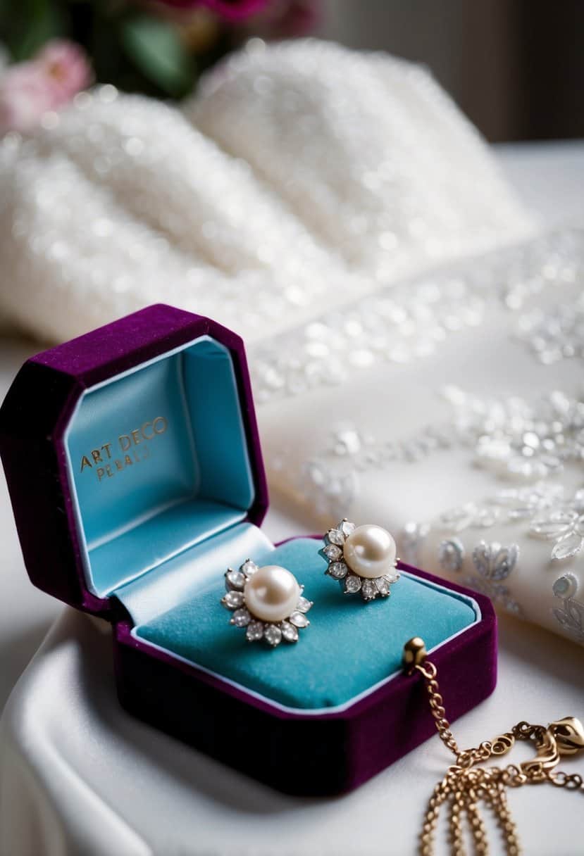 A pair of Art Deco pearl studs elegantly displayed next to a strapless wedding dress on a velvet jewelry box