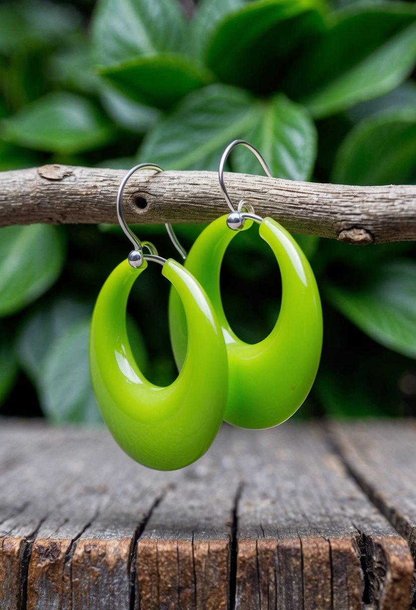 Two lime resin half-hoops earrings hanging on a rustic wooden surface with green foliage in the background