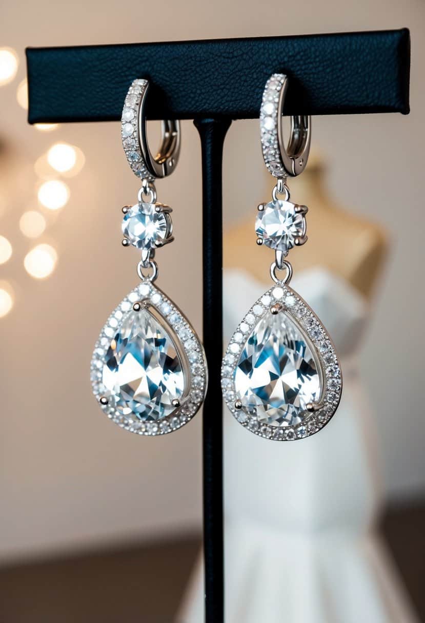 A sparkling pair of Swarovski Halo Drops earrings dangling from a jewelry stand, with a strapless wedding dress in the background