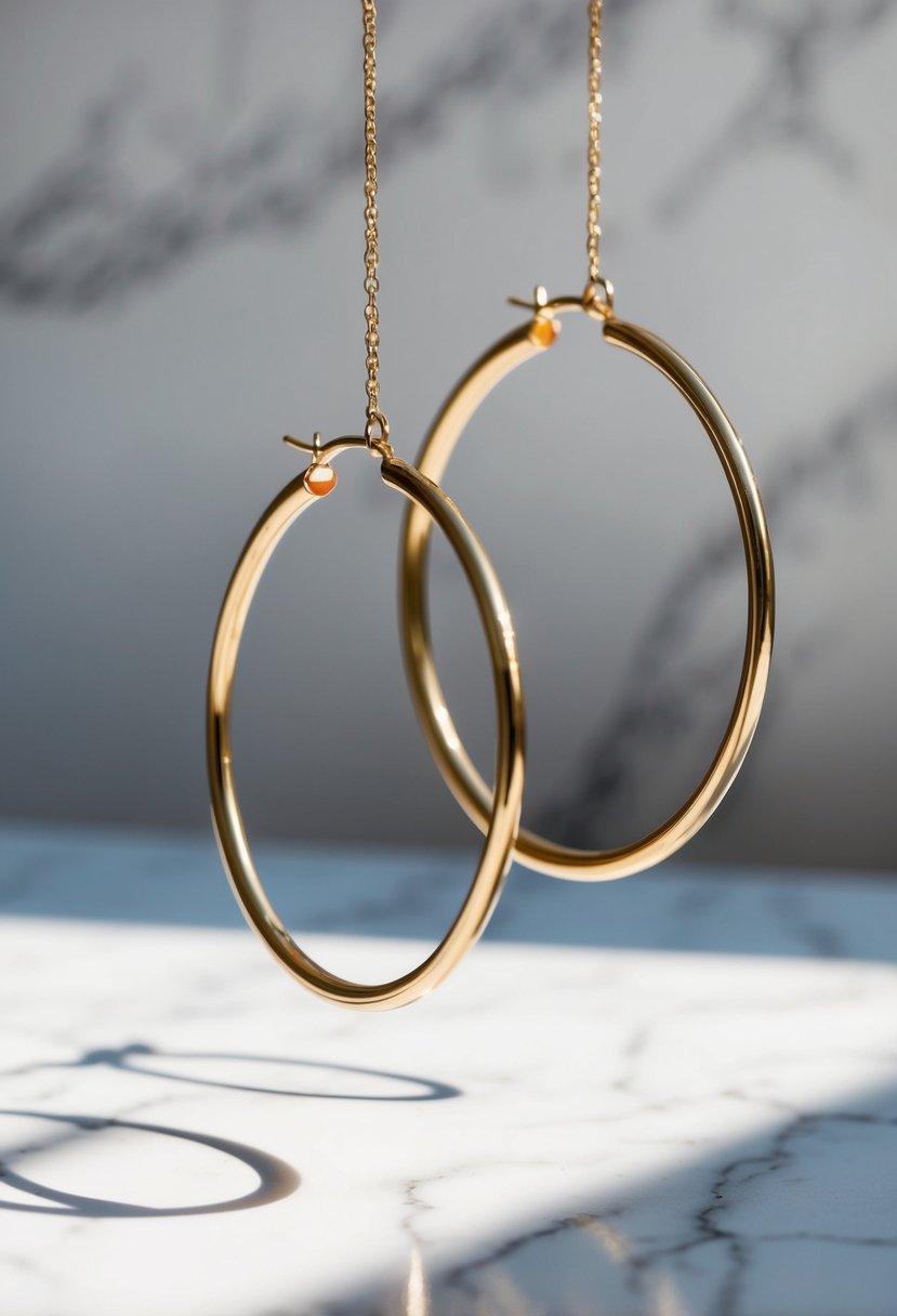 A pair of geometric gold hoops suspended in the air, casting a shadow on a white marble surface