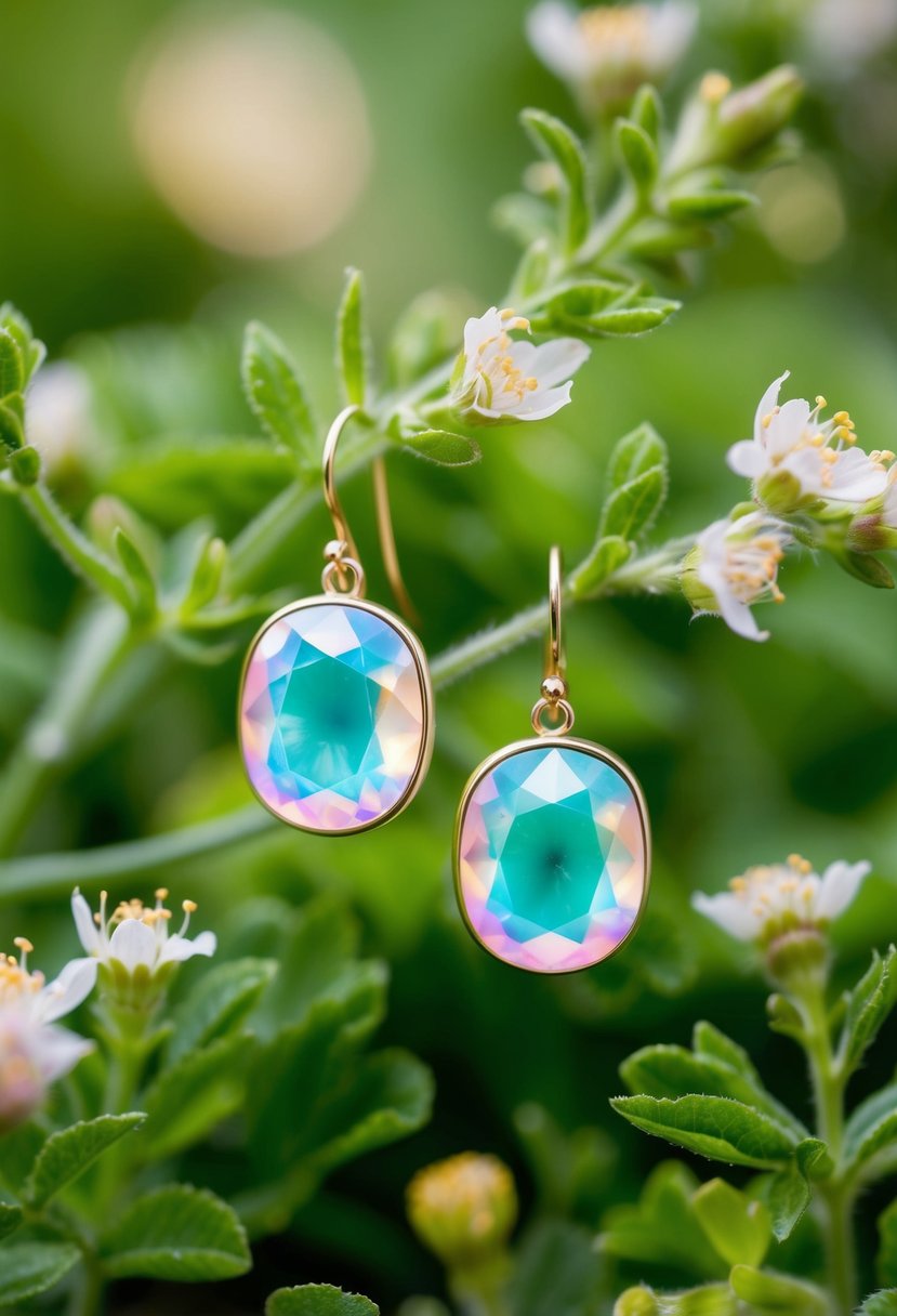 A lush garden setting with delicate greenery and flowers, showcasing a pair of elegant Viridescent Huggies earrings