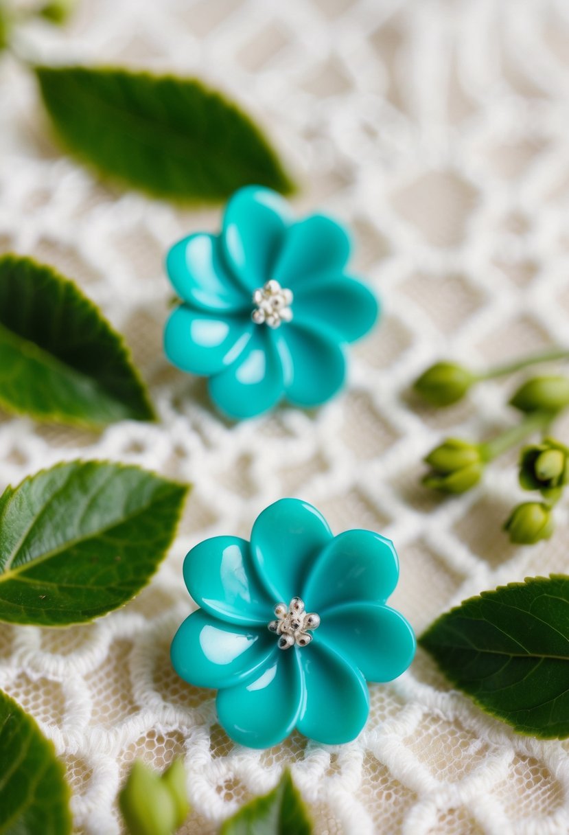 Two teal flower studs on a white lace background with green leaves and small buds