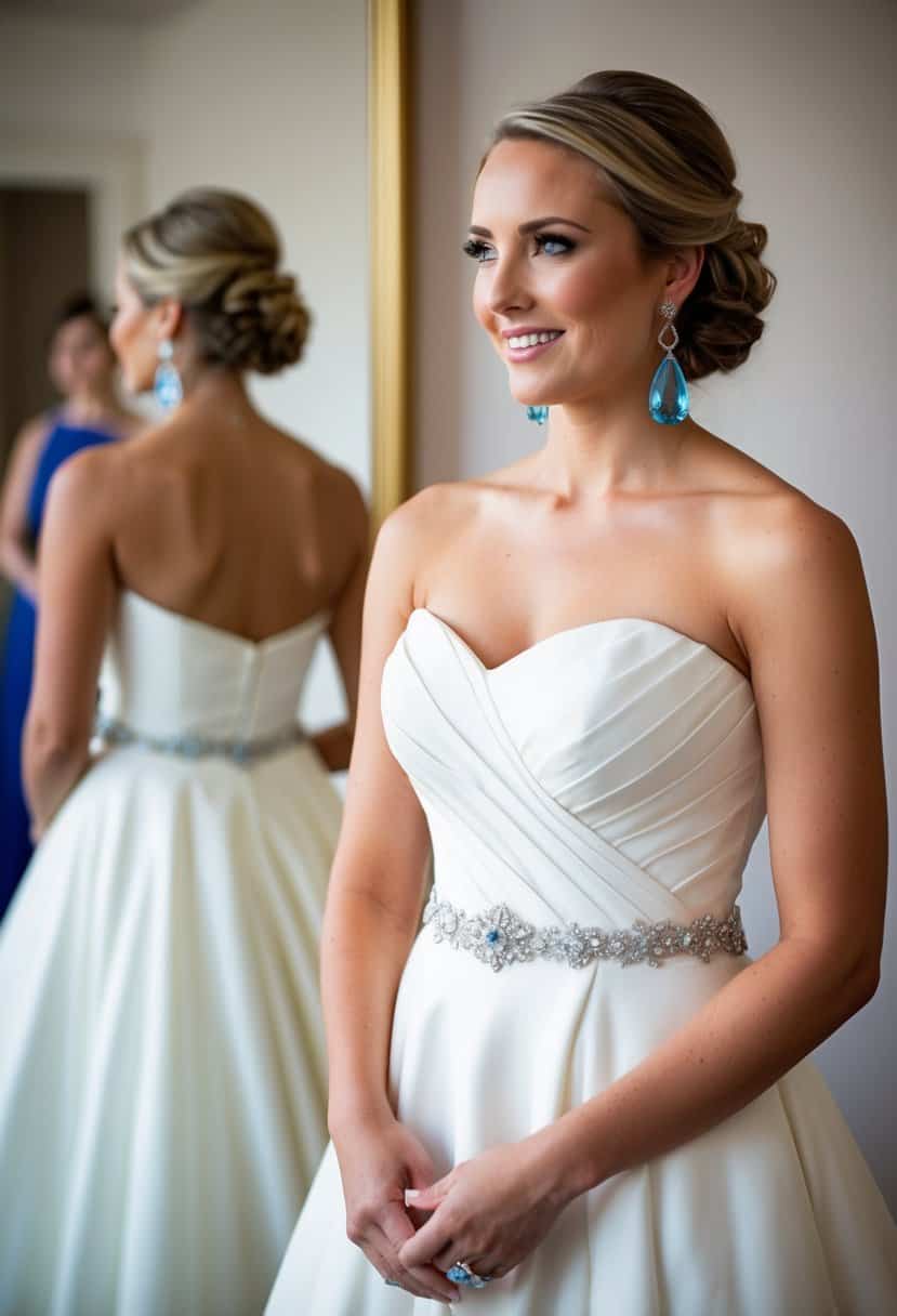 A bride wearing a strapless dress with blue topaz teardrop earrings, standing in front of a mirror