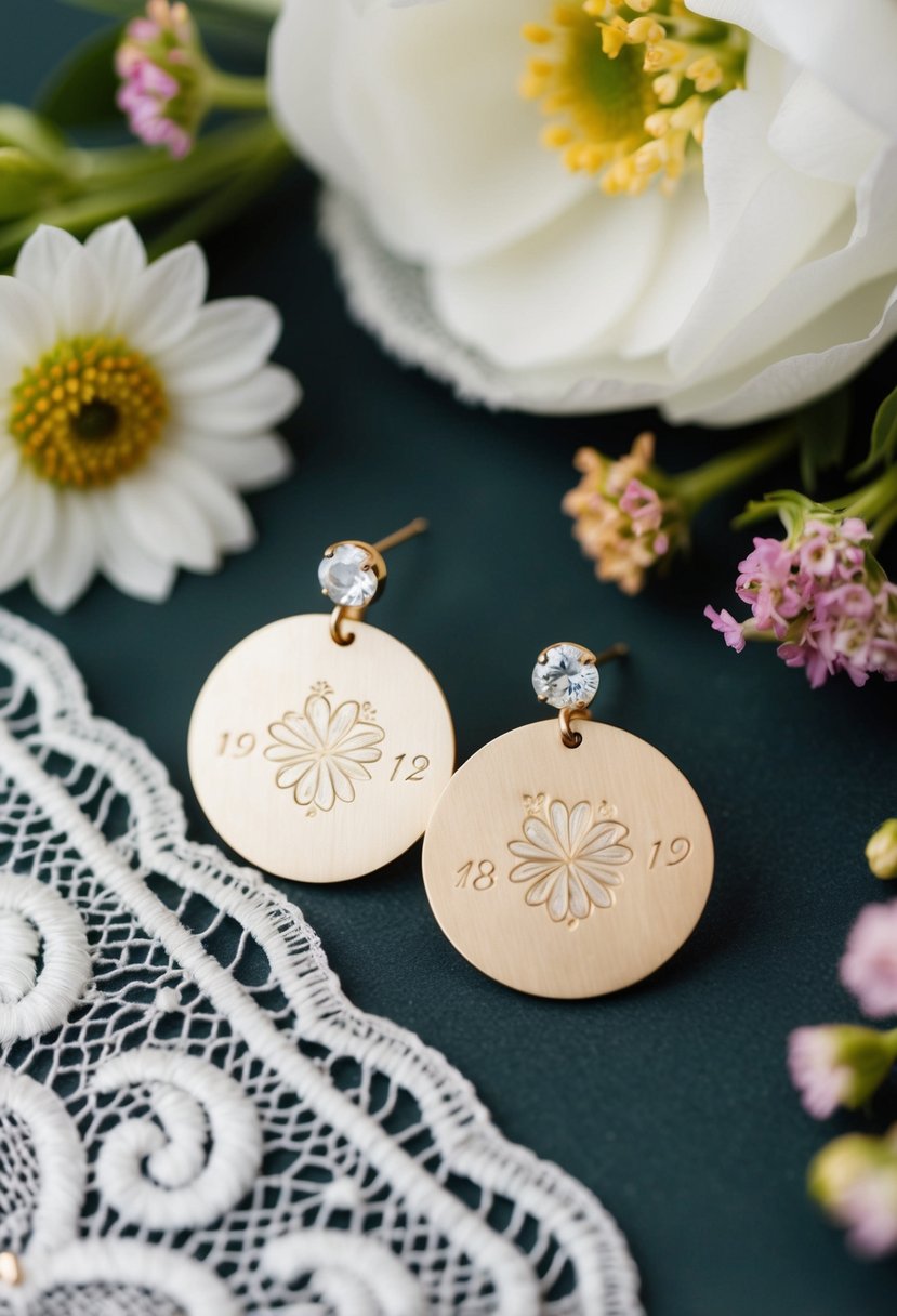 Two delicate disk earrings with custom engravings, surrounded by wedding-themed elements like flowers and lace