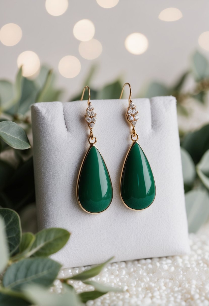 A pair of elegant hunter green drop earrings displayed on a white velvet background, surrounded by delicate green foliage and soft natural lighting